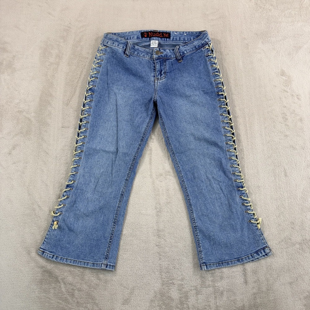 Mudd Lace Up Side Flare Capri Jeans Women 7 (28x21) Blue Low Rise Denim Y2K